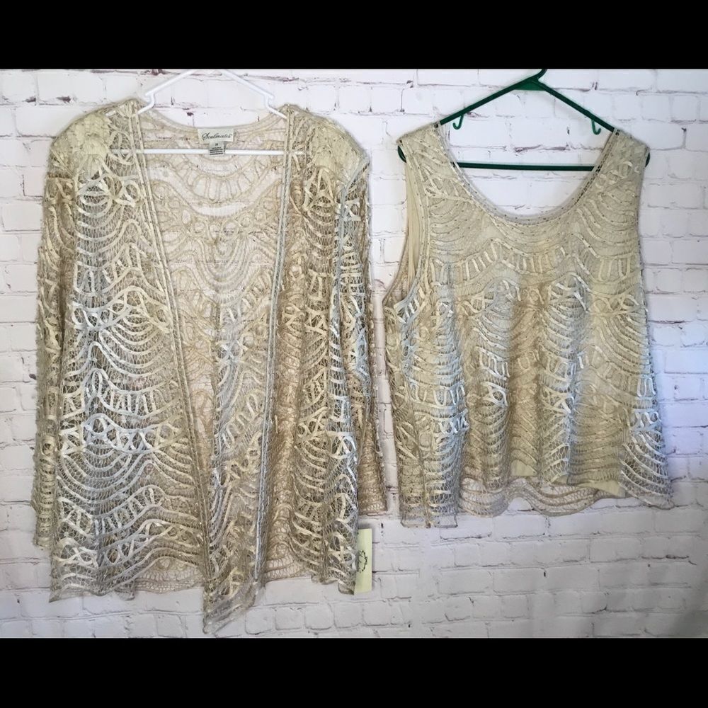 Soulmates Women New 2 Pc Crochet 100% Silk Hand Crafted Top,Jacket /Blazer